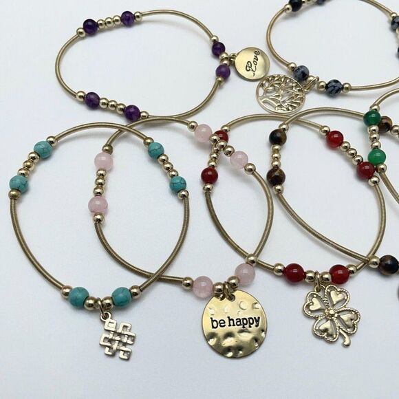R.L. Graziano Inspire 7 pc Stretch Bracelets Semi Precious Gemstones Charms - Picture 5 of 7